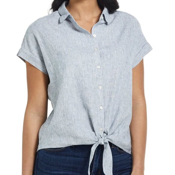 Weatherpoof Tie Front Washable Linen Nautical Shirt in Blue Pinstripe - Picture 1 of 8